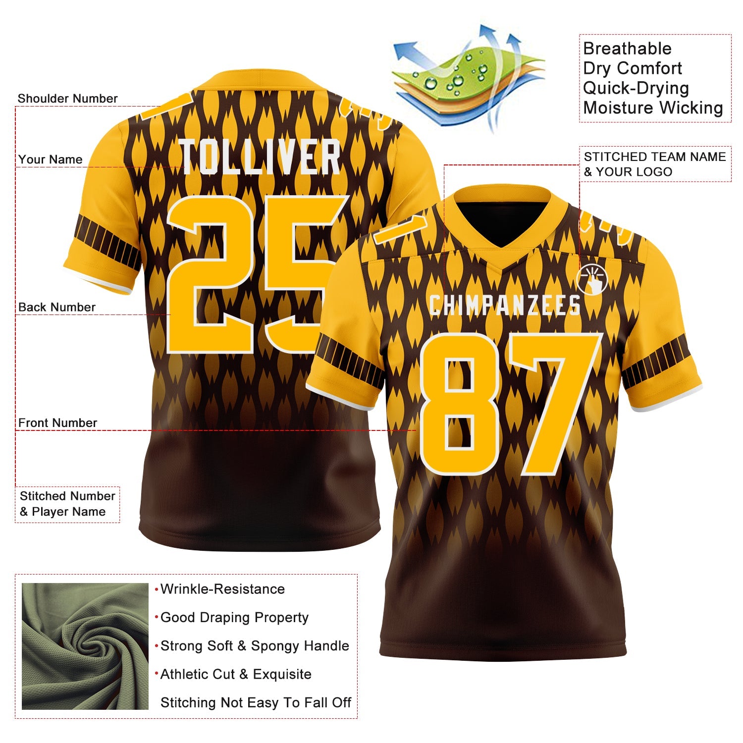 Custom Brown Gold-White Authentic Geometric Pixel Grid Fade Football Jersey view 3