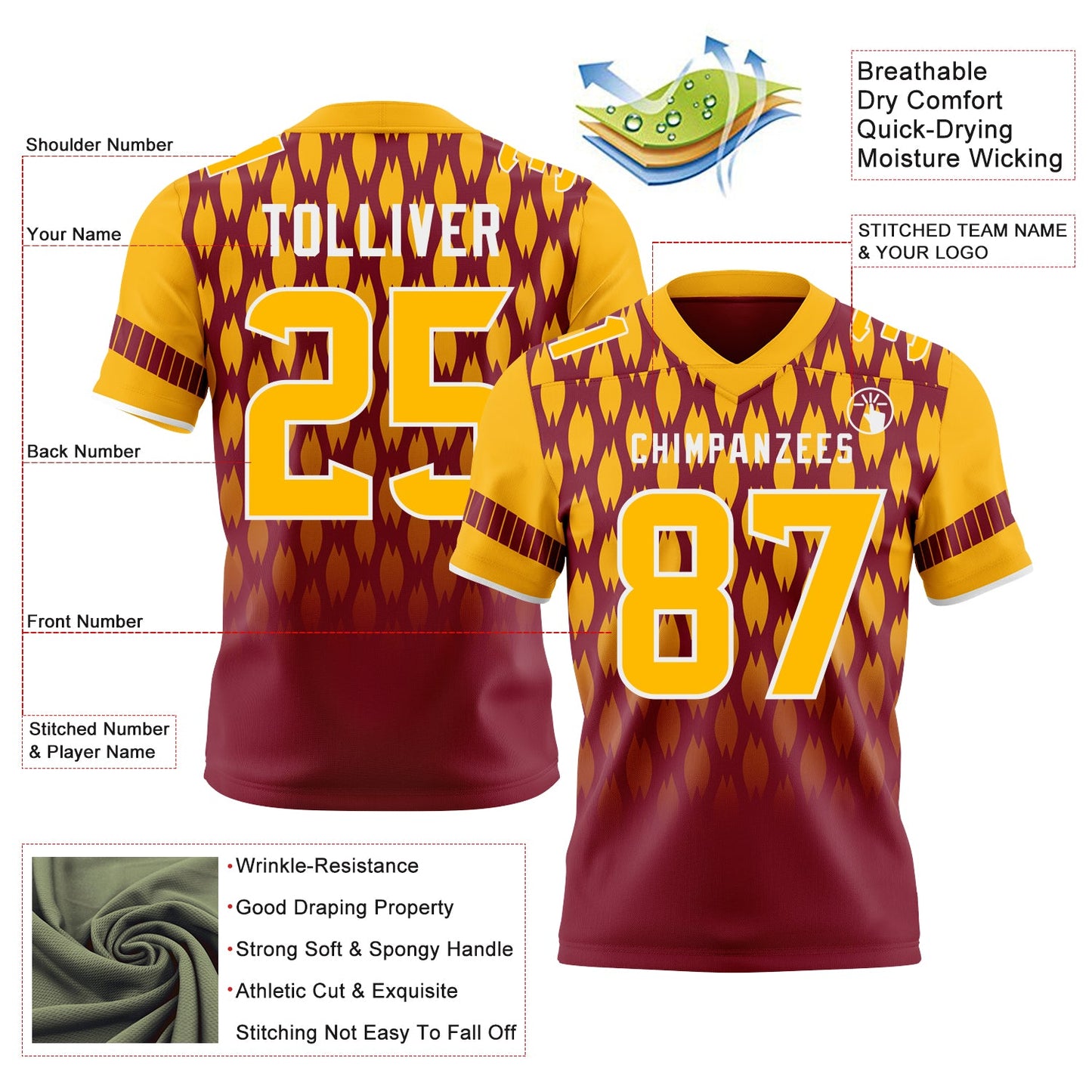 Custom Crimson Gold-White Authentic Geometric Pixel Grid Fade Football Jersey view 3