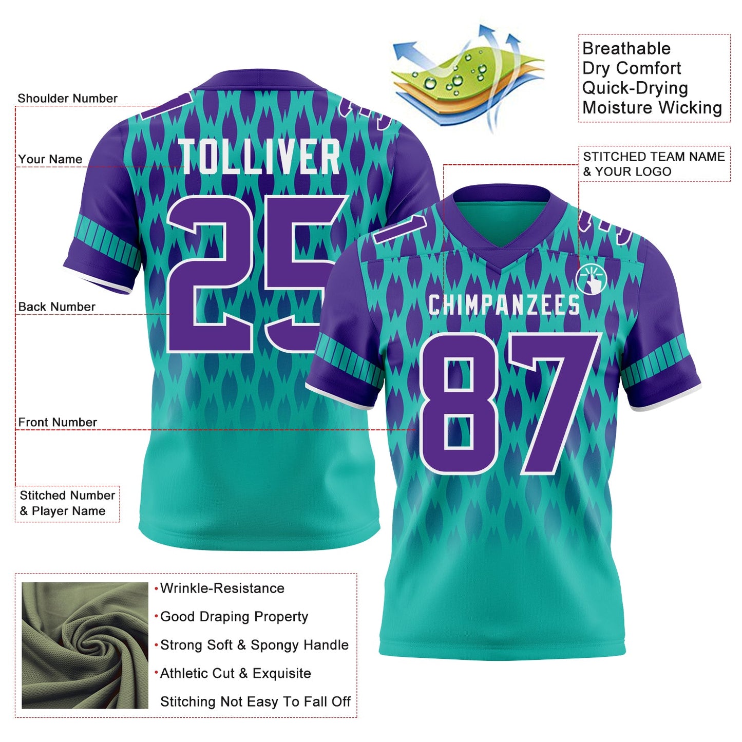 Custom Aqua Purple-White Authentic Geometric Pixel Grid Fade Football Jersey view 3