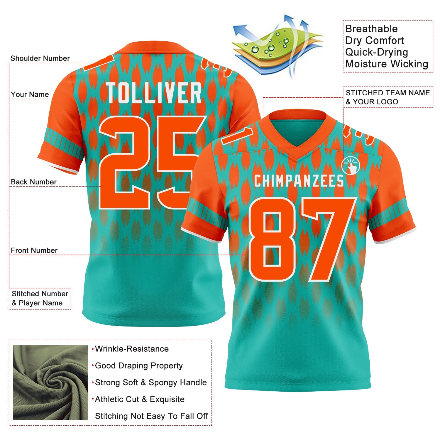 Custom Aqua Orange-White Authentic Geometric Pixel Grid Fade Football Jersey view 3