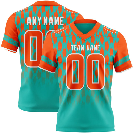 Custom Aqua Orange-White Authentic Geometric Pixel Grid Fade Football Jersey - Main View