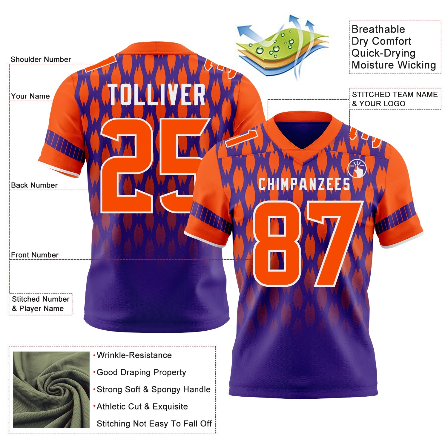 Custom Purple Orange-White Authentic Geometric Pixel Grid Fade Football Jersey view 3