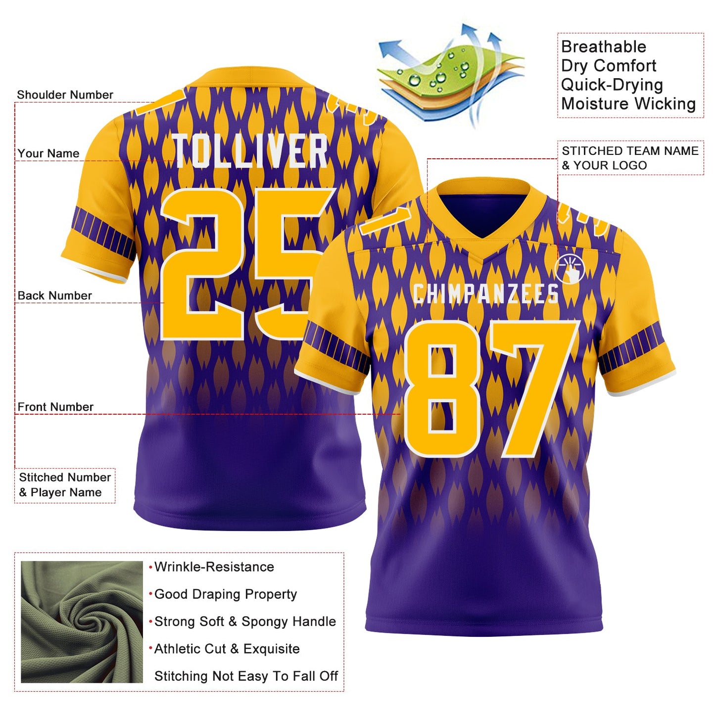 Custom Purple Gold-White Authentic Geometric Pixel Grid Fade Football Jersey view 3