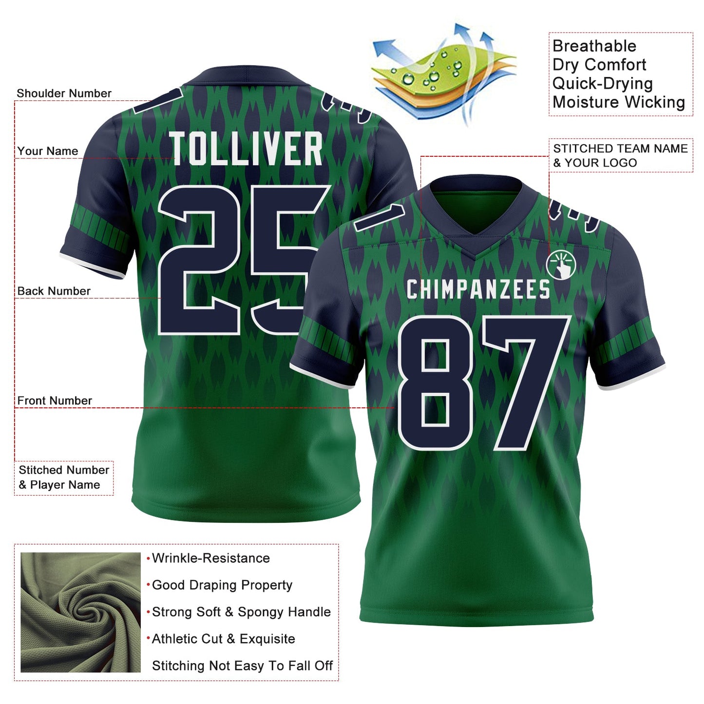 Custom Kelly Green Navy-White Authentic Geometric Pixel Grid Fade Football Jersey view 3