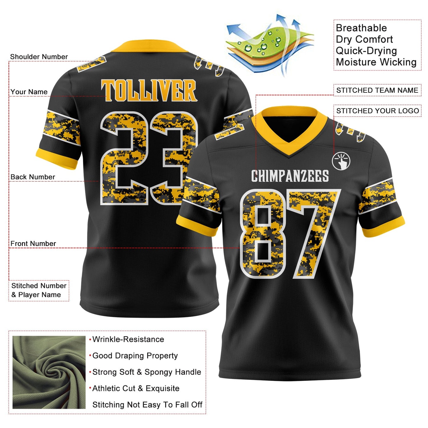 Custom Black Camo White-Gold Authentic Digital Camouflage Panel Football Jersey view 3