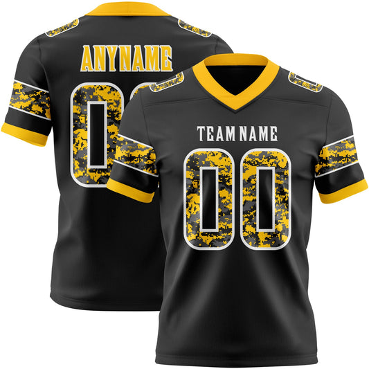 Custom Black Camo White-Gold Authentic Digital Camouflage Panel Football Jersey - Main View