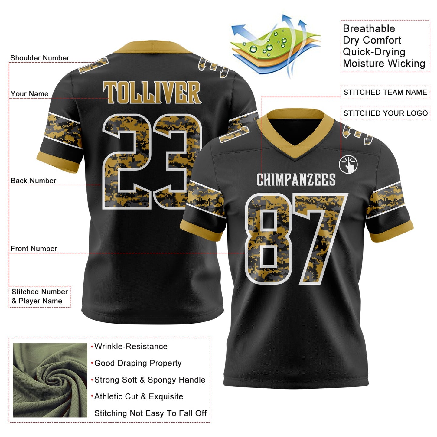 Custom Black Camo White-Old Gold Authentic Digital Camouflage Panel Football Jersey view 3