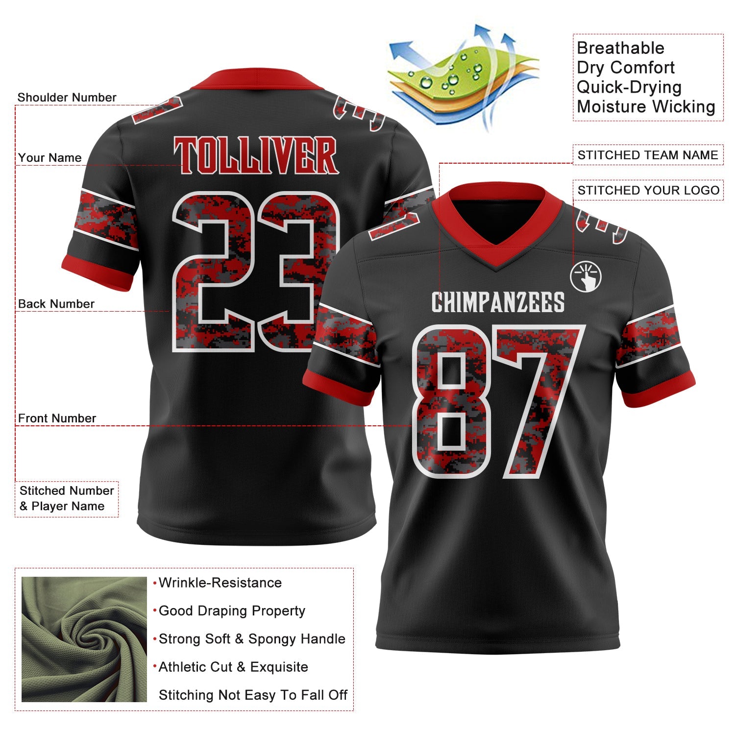Custom Black Camo White-Red Authentic Digital Camouflage Panel Football Jersey view 3