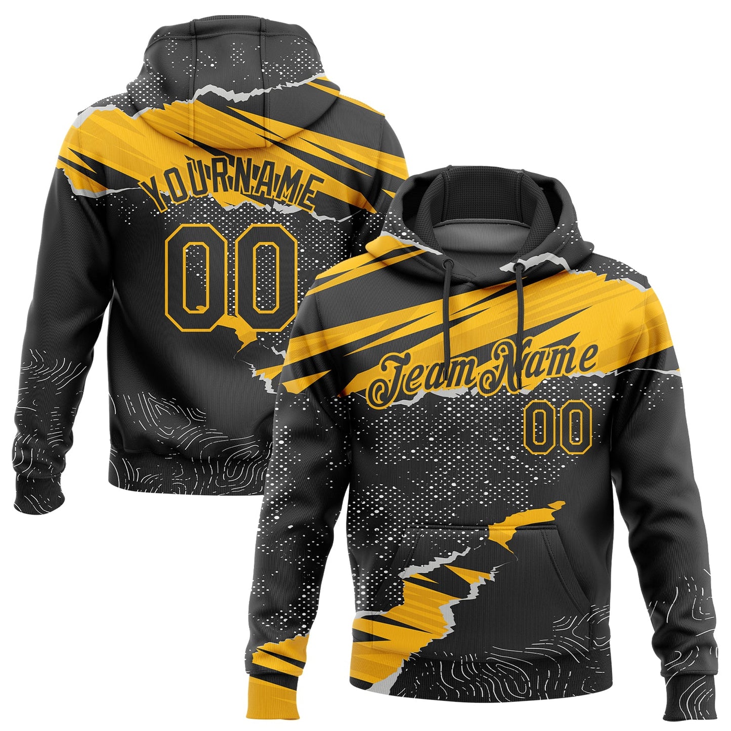 Custom Stitched Black Gold 3D Pattern Design Torn Paper Style Sports Pullover Sweatshirt Hoodie - Main View