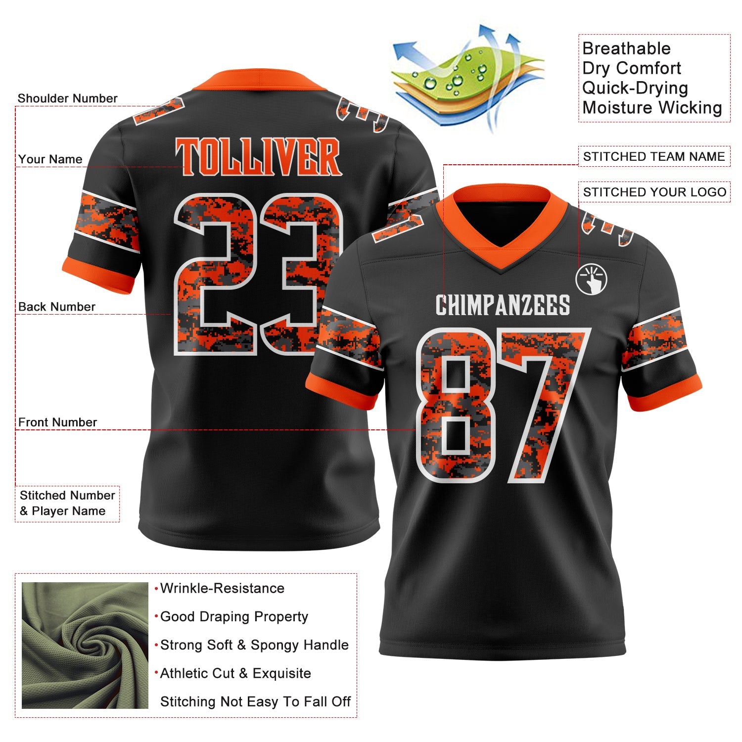 Custom Black Camo White-Orange Authentic Digital Camouflage Panel Football Jersey view 3