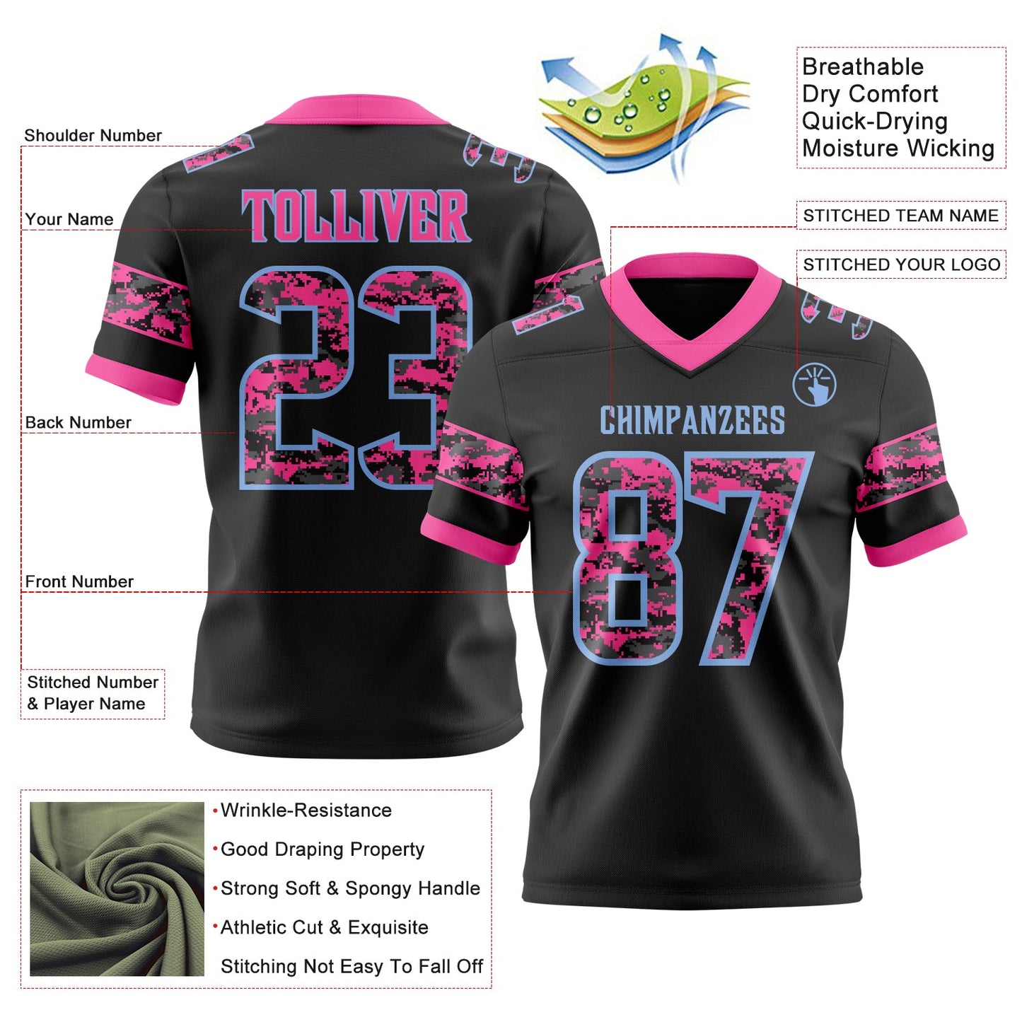 Custom Black Camo Light Blue-Pink Authentic Digital Camouflage Panel Football Jersey view 3
