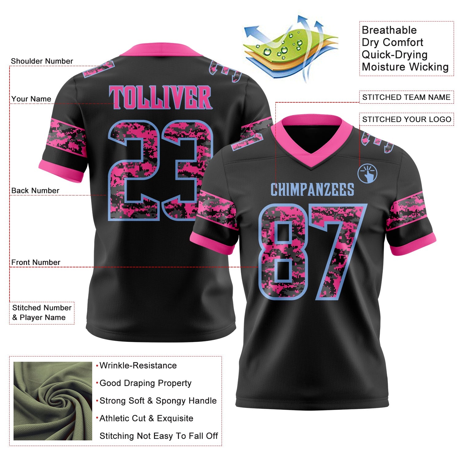 Custom Black Camo Light Blue-Pink Authentic Digital Camouflage Panel Football Jersey view 3