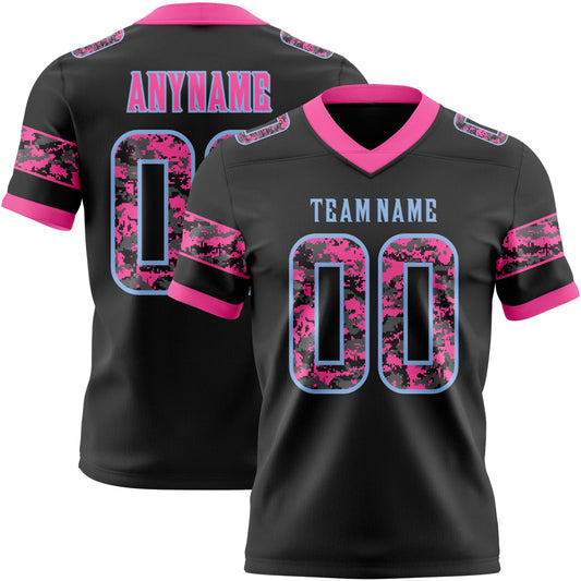 Custom Black Camo Light Blue-Pink Authentic Digital Camouflage Panel Football Jersey - Main View