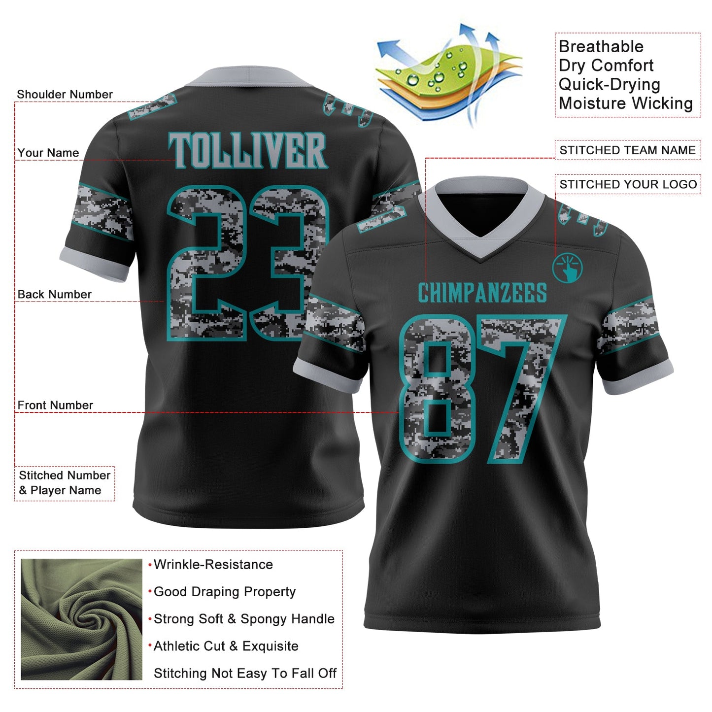Custom Black Camo Teal-Gray Authentic Digital Camouflage Panel Football Jersey view 3