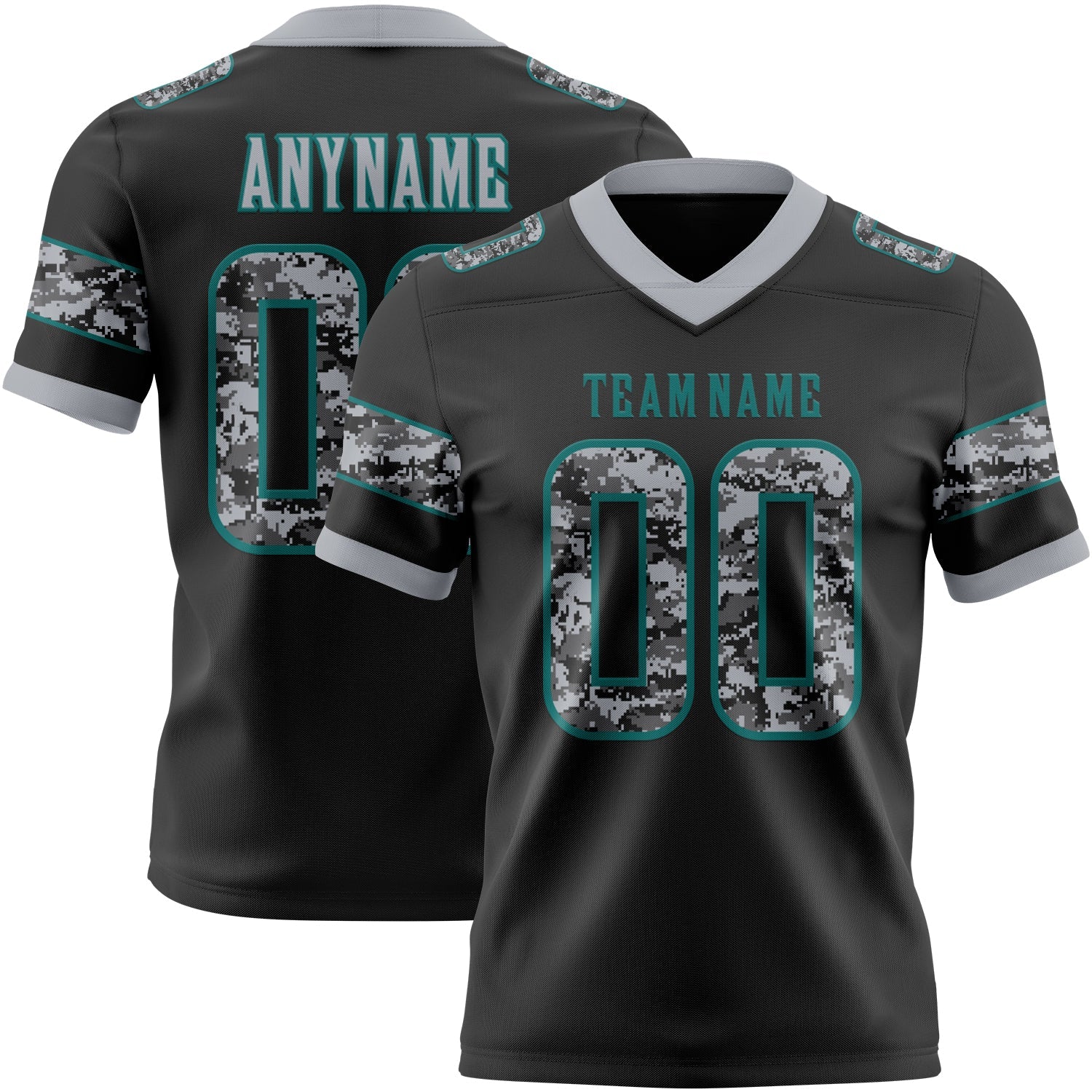 Custom Black Camo Teal-Gray Authentic Digital Camouflage Panel Football Jersey - Main View