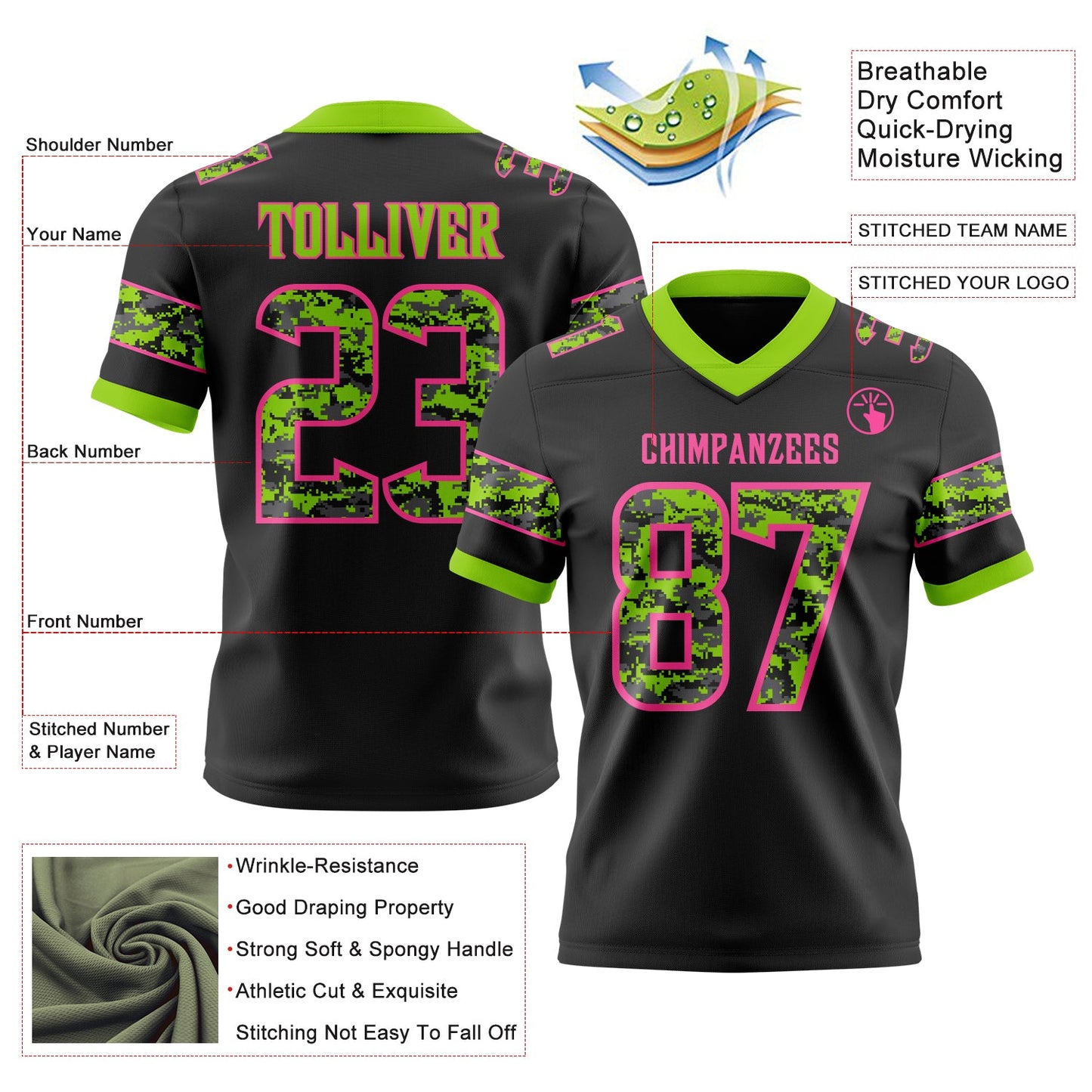 Custom Black Camo Pink-Neon Green Authentic Digital Camouflage Panel Football Jersey view 3