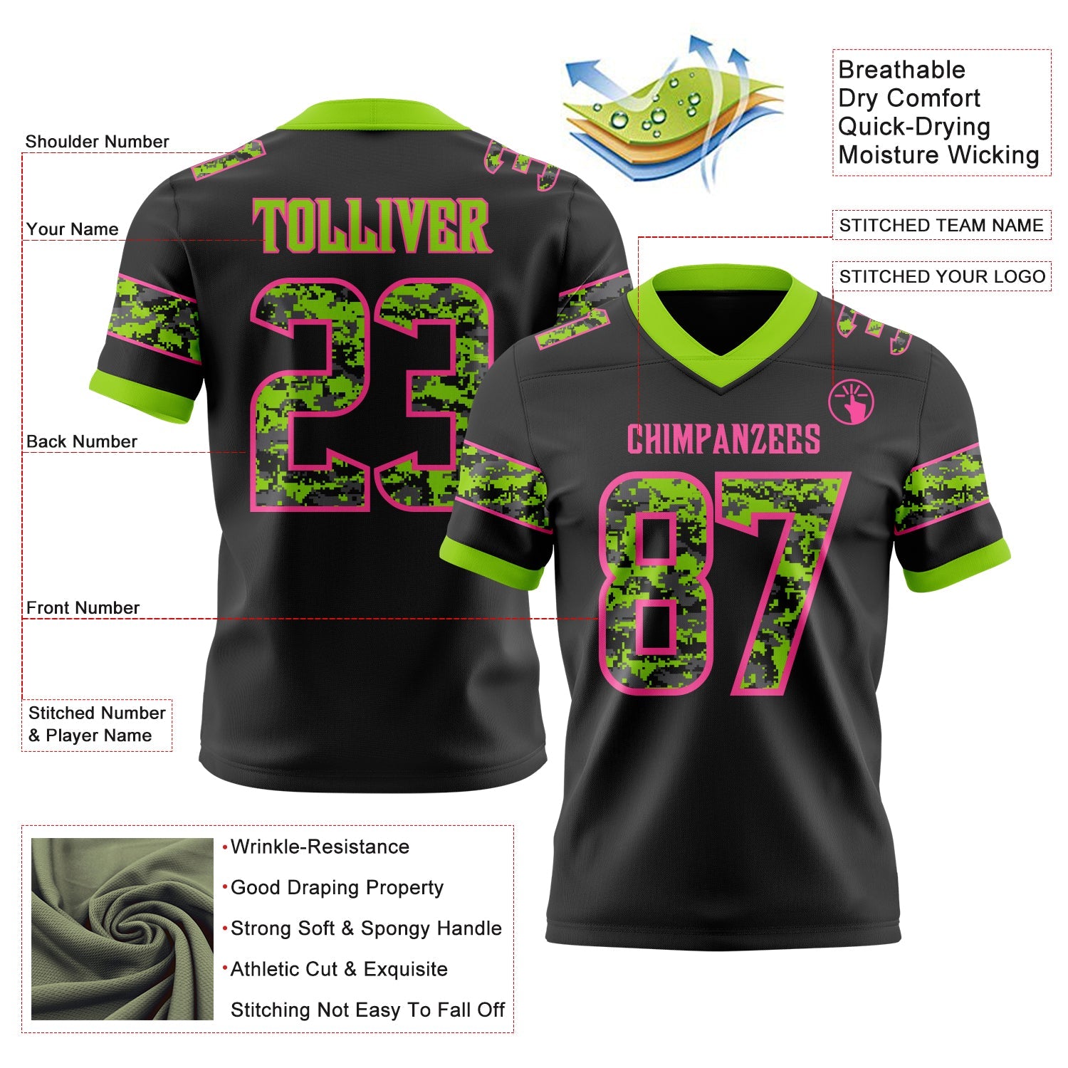 Custom Black Camo Pink-Neon Green Authentic Digital Camouflage Panel Football Jersey view 3