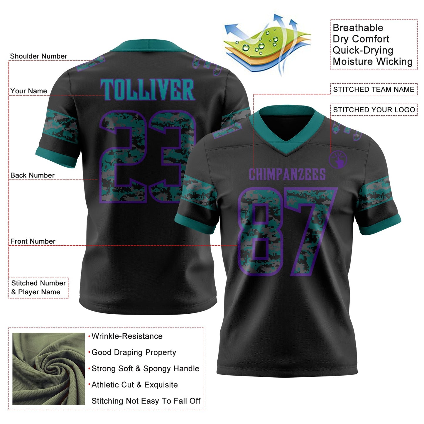 Custom Black Camo Purple-Teal Authentic Digital Camouflage Panel Football Jersey view 3
