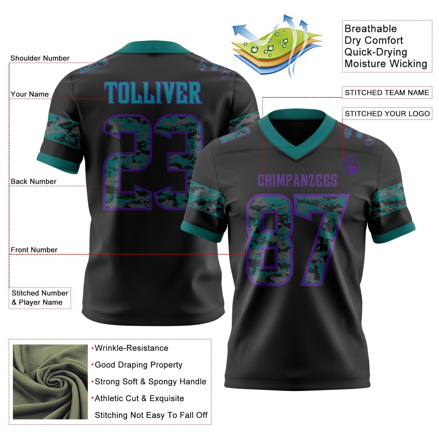 Custom Black Camo Purple-Teal Authentic Digital Camouflage Panel Football Jersey view 3