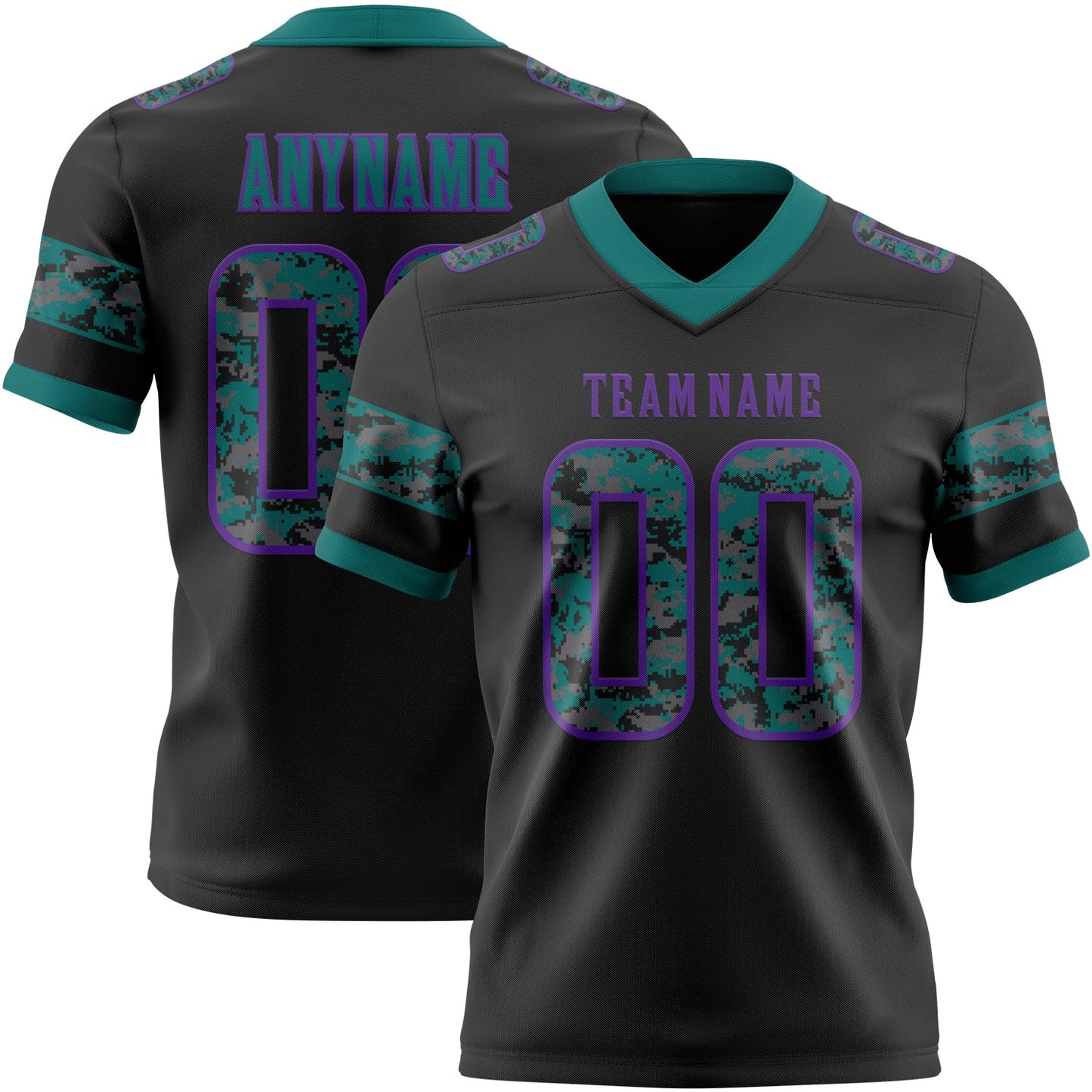Custom Black Camo Purple-Teal Authentic Digital Camouflage Panel Football Jersey - Main View