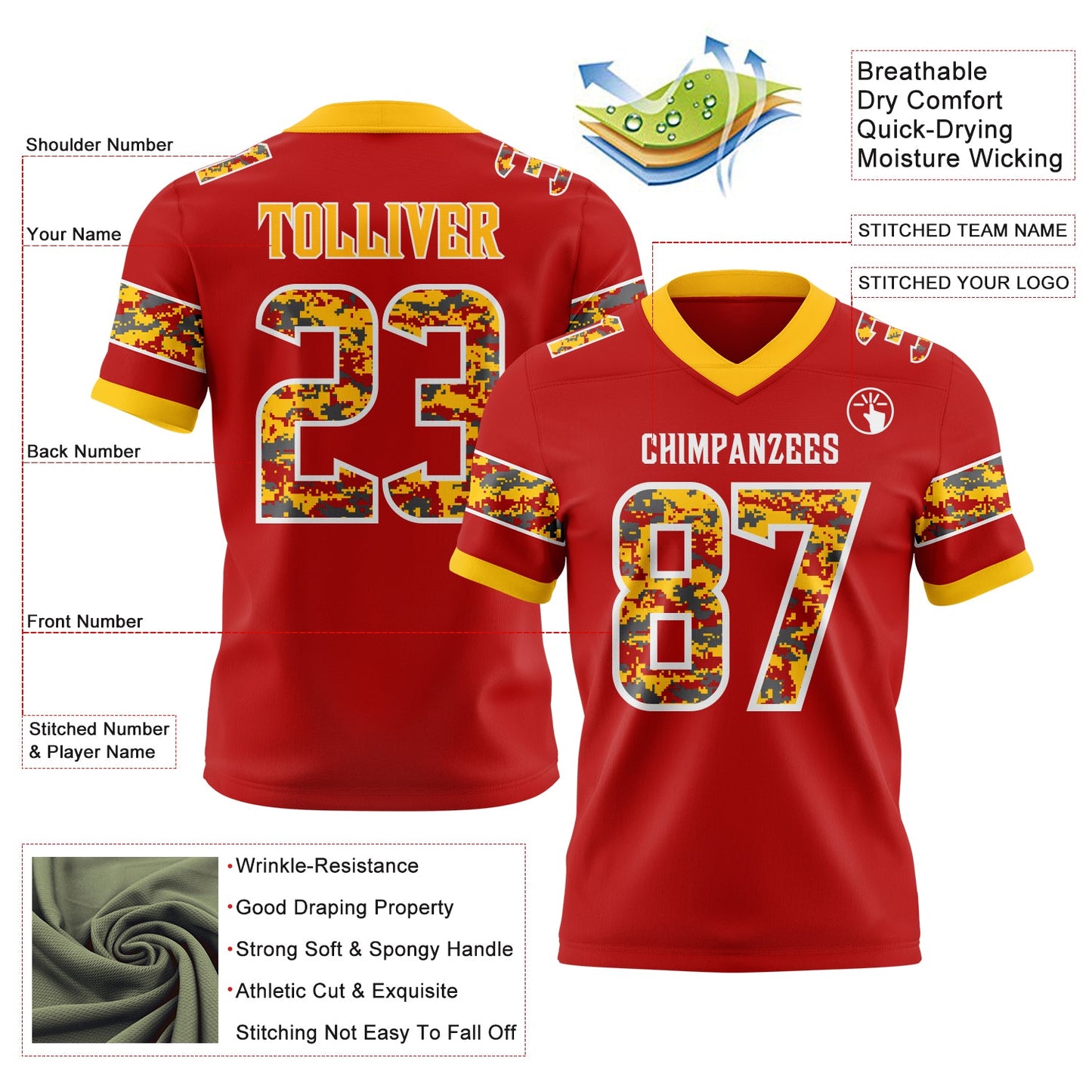 Custom Red Camo White-Gold Authentic Digital Camouflage Panel Football Jersey view 3