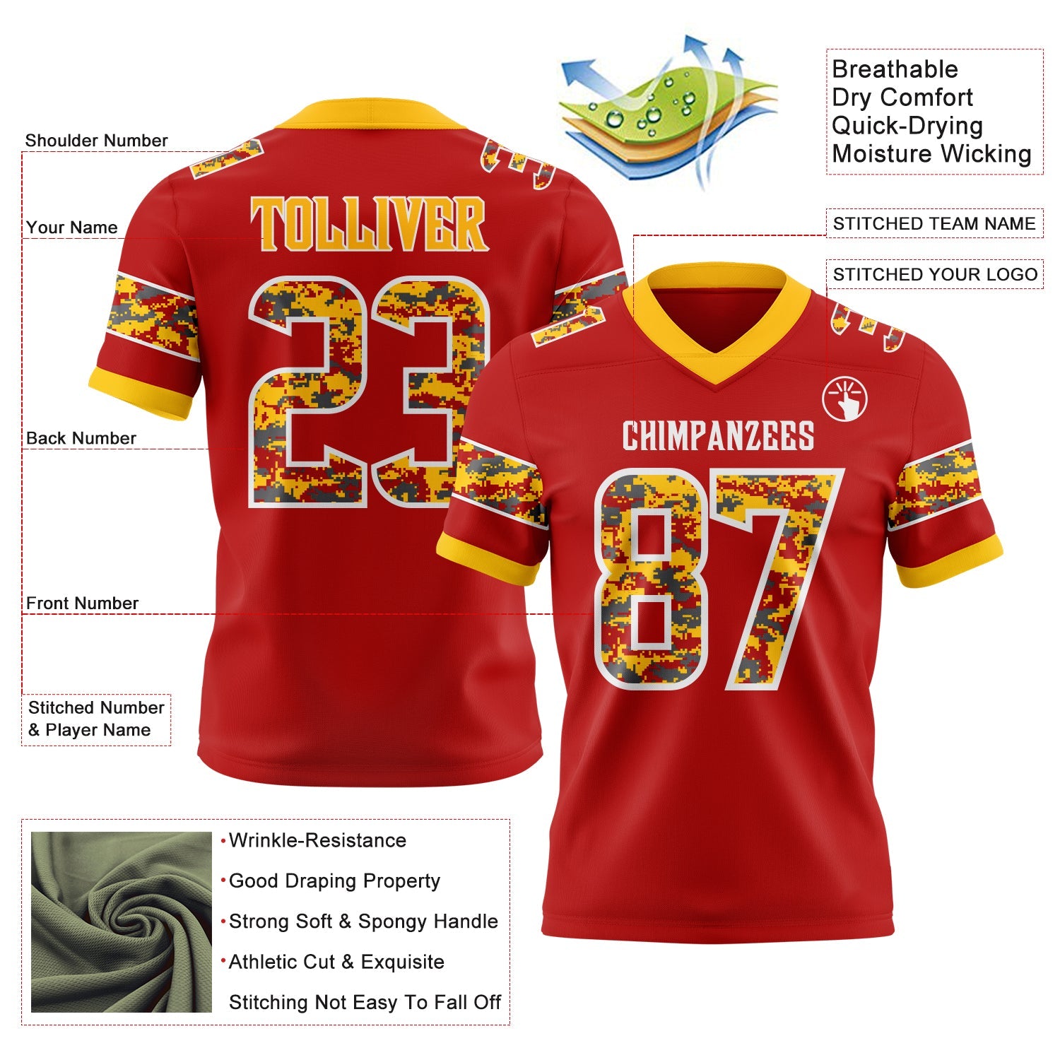 Custom Red Camo White-Gold Authentic Digital Camouflage Panel Football Jersey view 3
