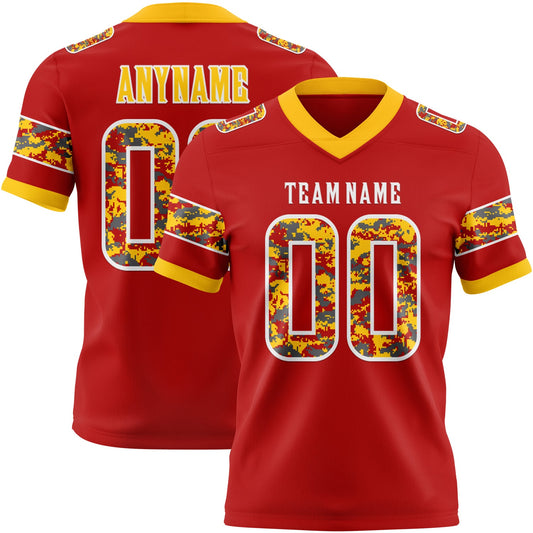 Custom Red Camo White-Gold Authentic Digital Camouflage Panel Football Jersey - Main View