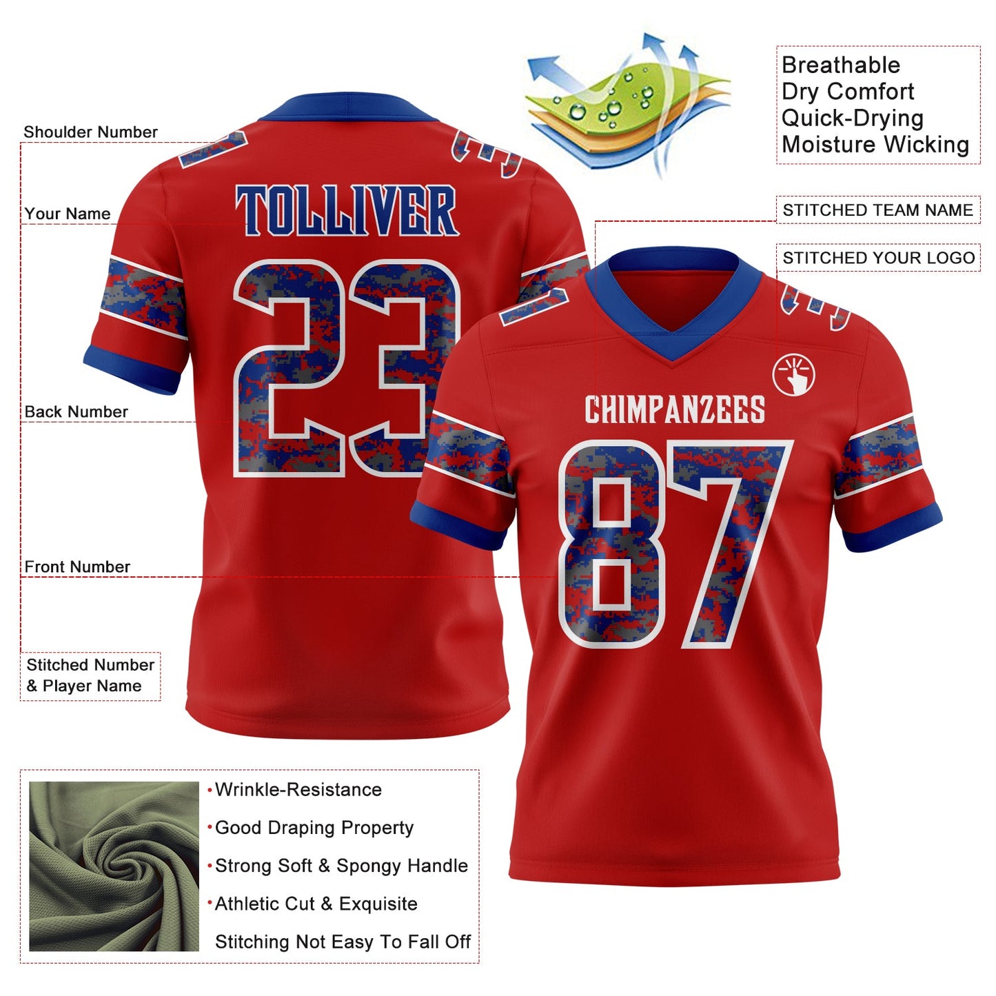 Custom Red Camo White-Royal Authentic Digital Camouflage Panel Football Jersey view 3