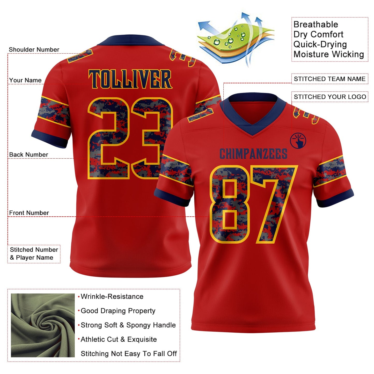 Custom Red Camo Yellow-Navy Authentic Digital Camouflage Panel Football Jersey view 3