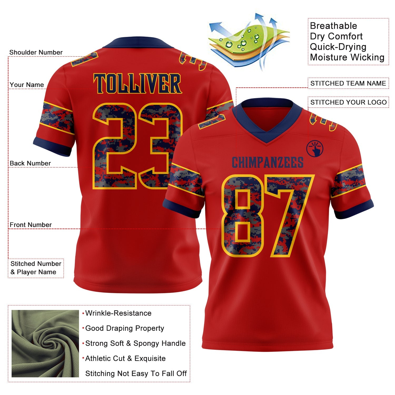 Custom Red Camo Yellow-Navy Authentic Digital Camouflage Panel Football Jersey view 3