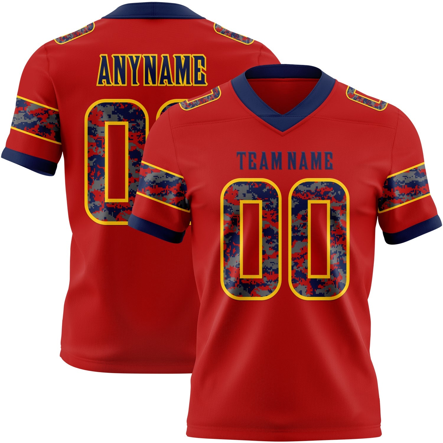 Custom Red Camo Yellow-Navy Authentic Digital Camouflage Panel Football Jersey - Main View