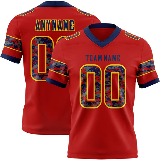Custom Red Camo Yellow-Navy Authentic Digital Camouflage Panel Football Jersey - Main View