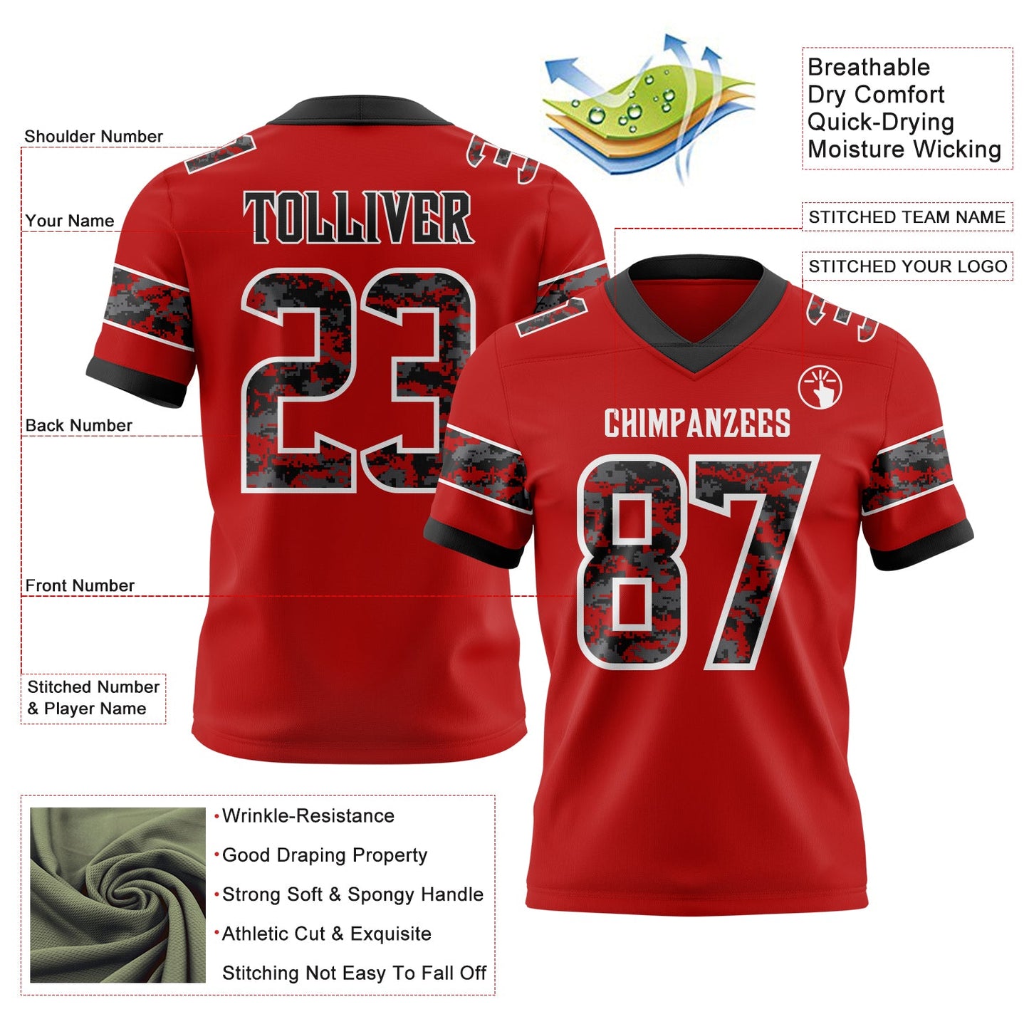 Custom Red Camo White-Black Authentic Digital Camouflage Panel Football Jersey view 3