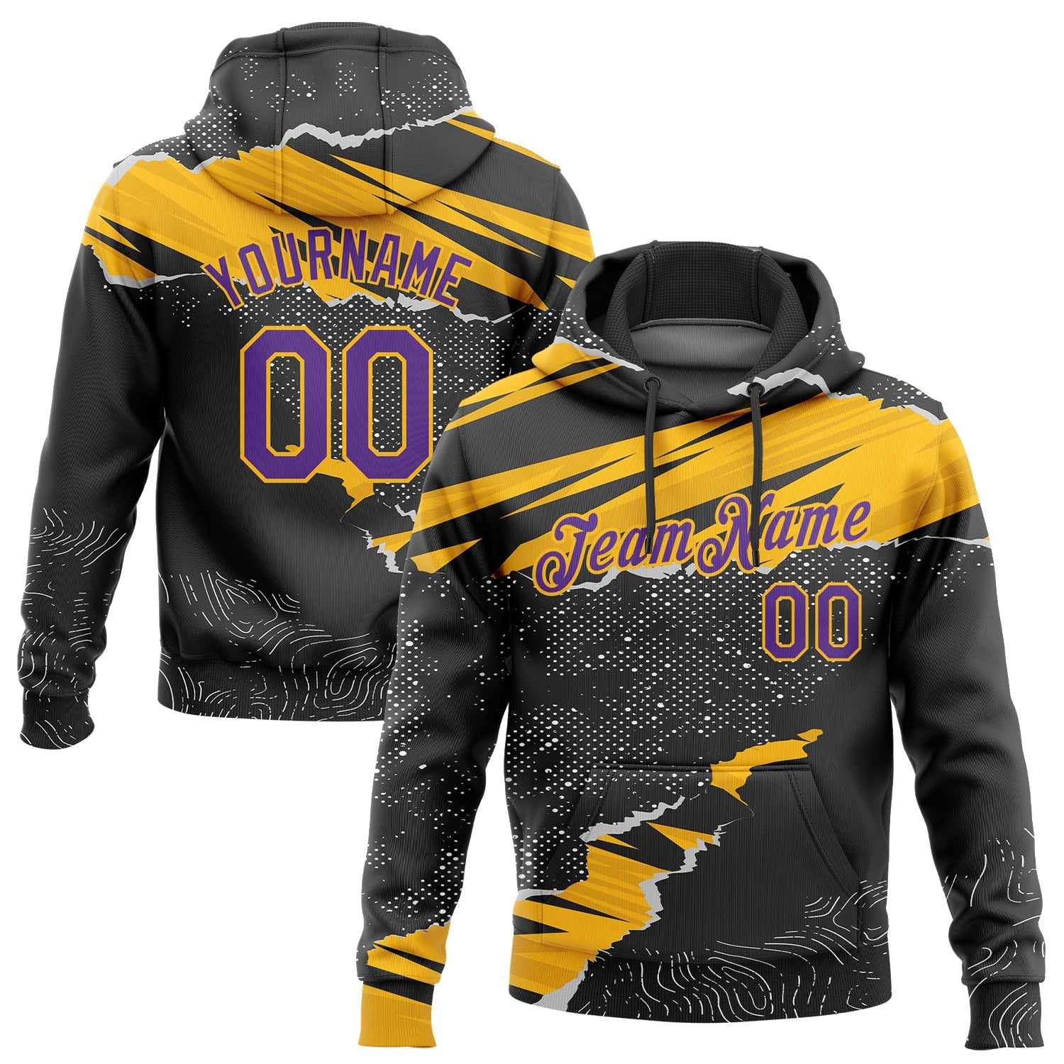 Custom Stitched Black Purple-Gold 3D Pattern Design Torn Paper Style Sports Pullover Sweatshirt Hoodie - Main View