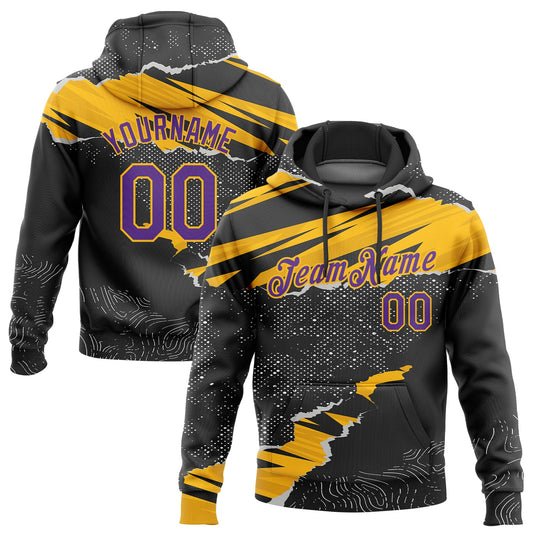 Custom Stitched Black Purple-Gold 3D Pattern Design Torn Paper Style Sports Pullover Sweatshirt Hoodie - Main View