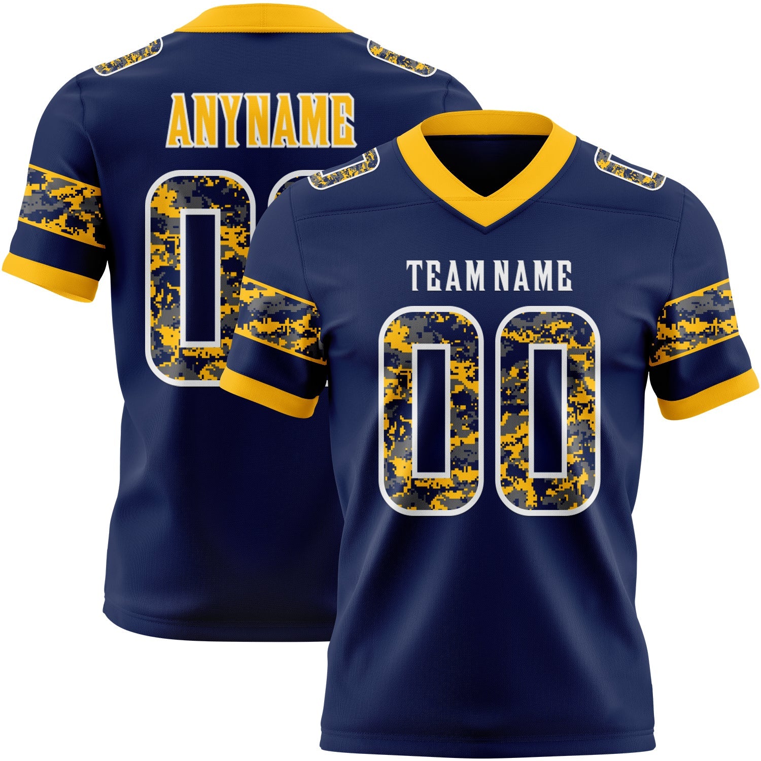 Custom Navy Camo White-Gold Authentic Digital Camouflage Panel Football Jersey - Main View