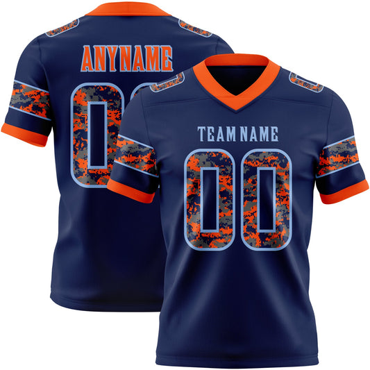 Custom Navy Camo Light Blue-Orange Authentic Digital Camouflage Panel Football Jersey - Main View