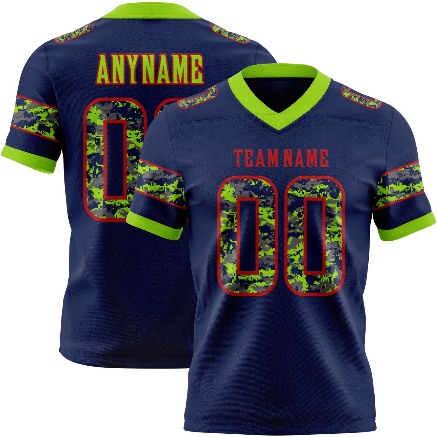 Custom Navy Camo Red-Neon Green Authentic Digital Camouflage Panel Football Jersey - Main View