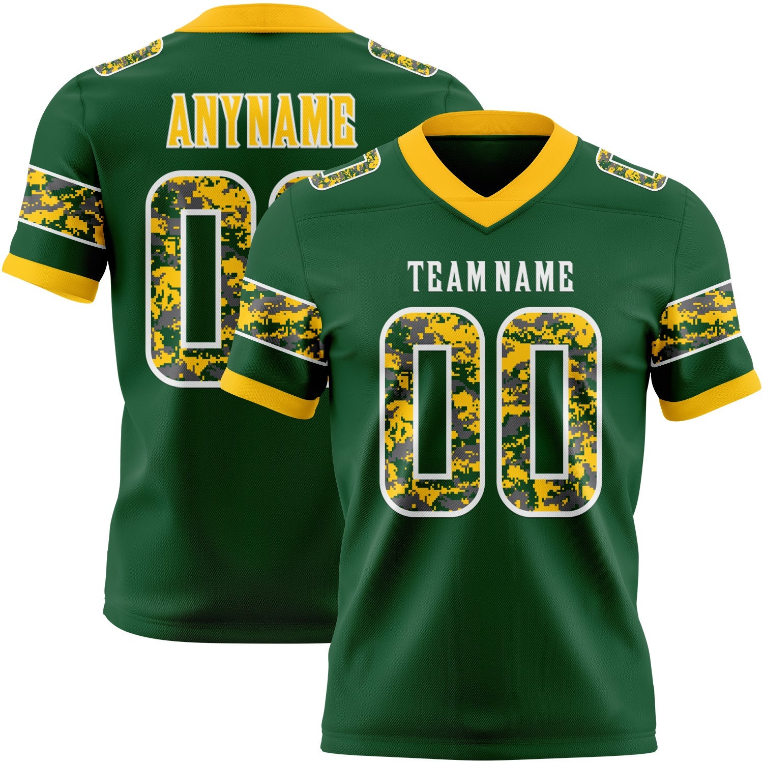 Custom Green Camo White-Gold Authentic Digital Camouflage Panel Football Jersey - Main View