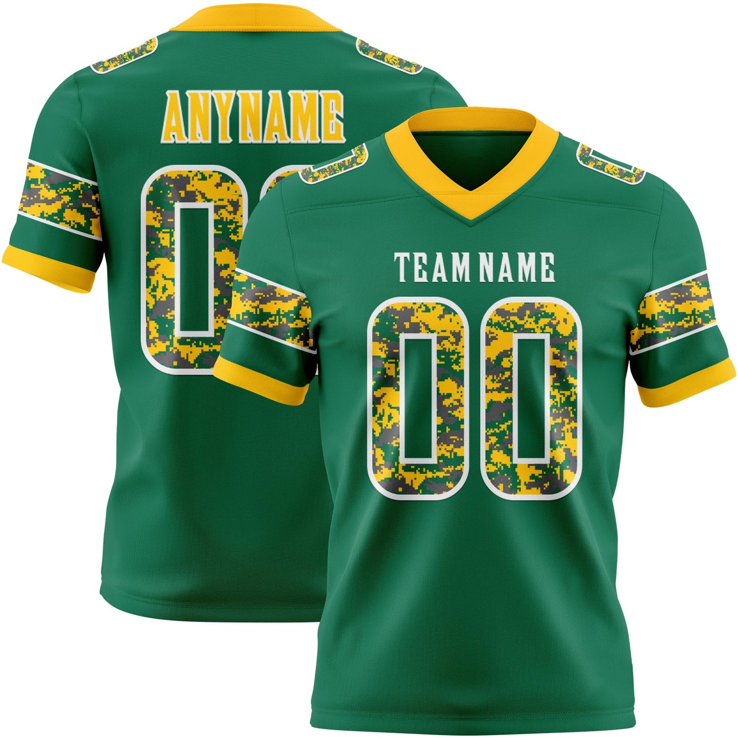 Custom Kelly Green Camo White-Gold Authentic Digital Camouflage Panel Football Jersey - Main View
