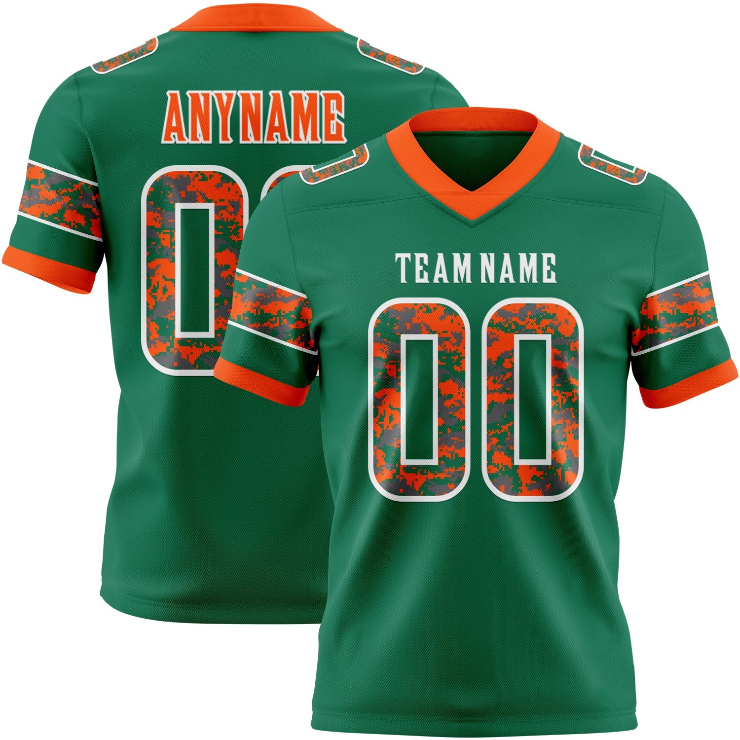 Custom Kelly Green Camo White-Orange Authentic Digital Camouflage Panel Football Jersey - Main View