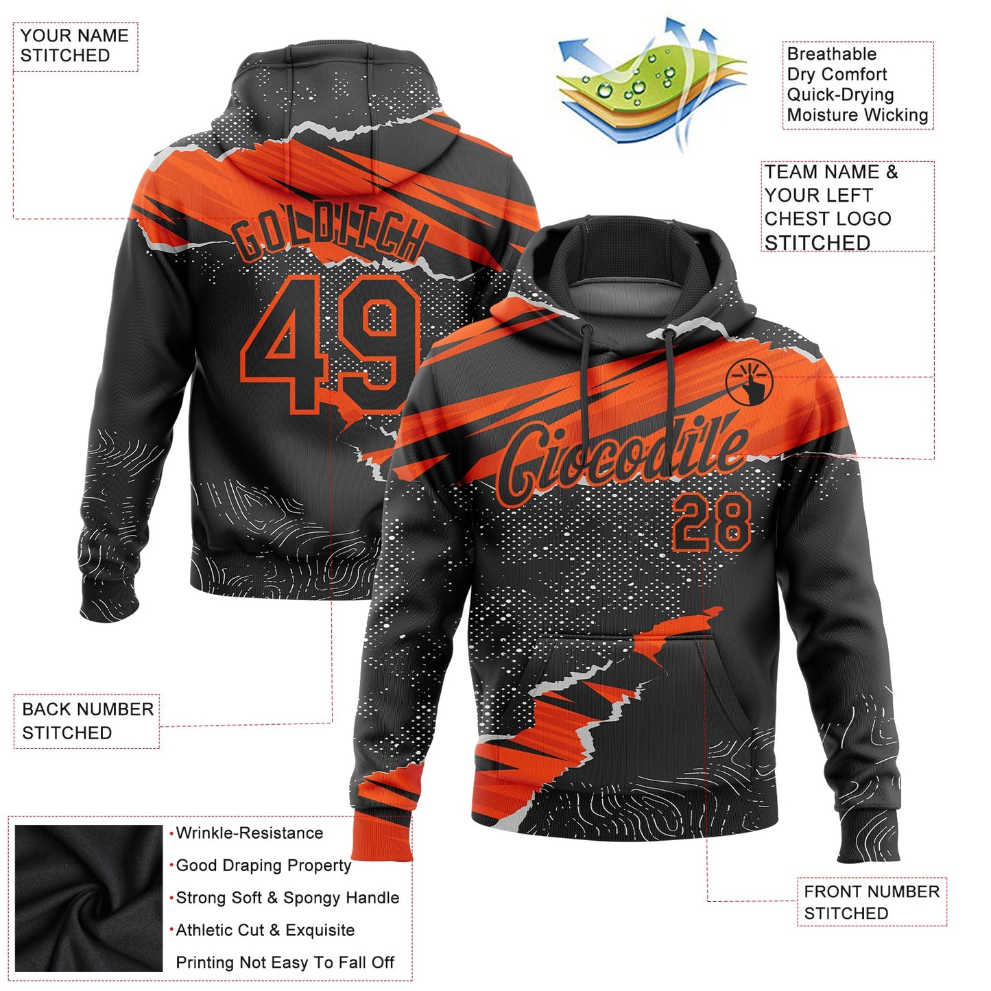 Custom Stitched Black Orange 3D Pattern Design Torn Paper Style Sports Pullover Sweatshirt Hoodie view 2