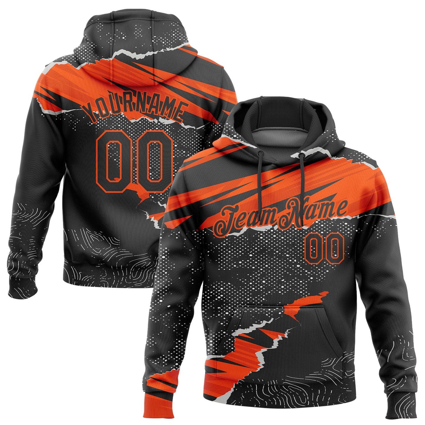 Custom Stitched Black Orange 3D Pattern Design Torn Paper Style Sports Pullover Sweatshirt Hoodie - Main View