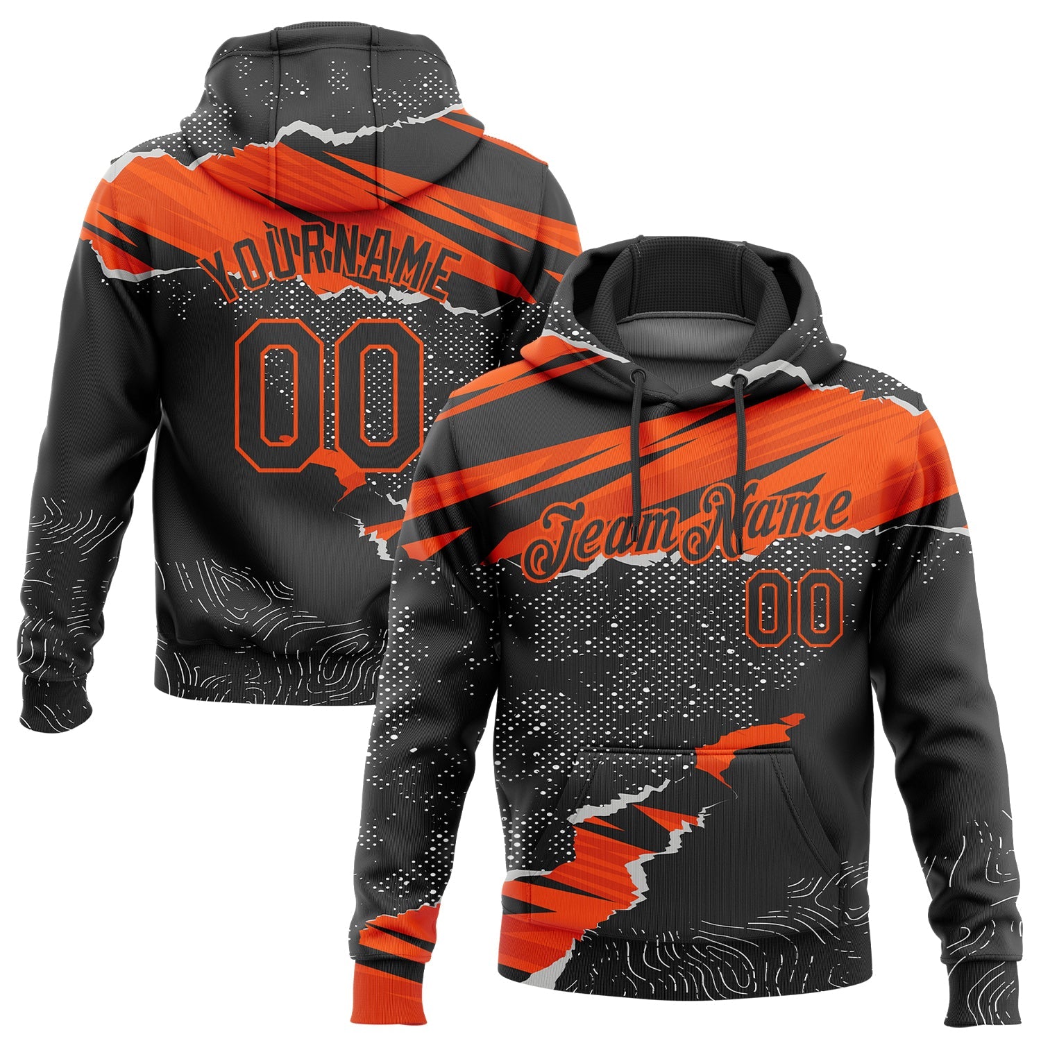Custom Stitched Black Orange 3D Pattern Design Torn Paper Style Sports Pullover Sweatshirt Hoodie - Main View