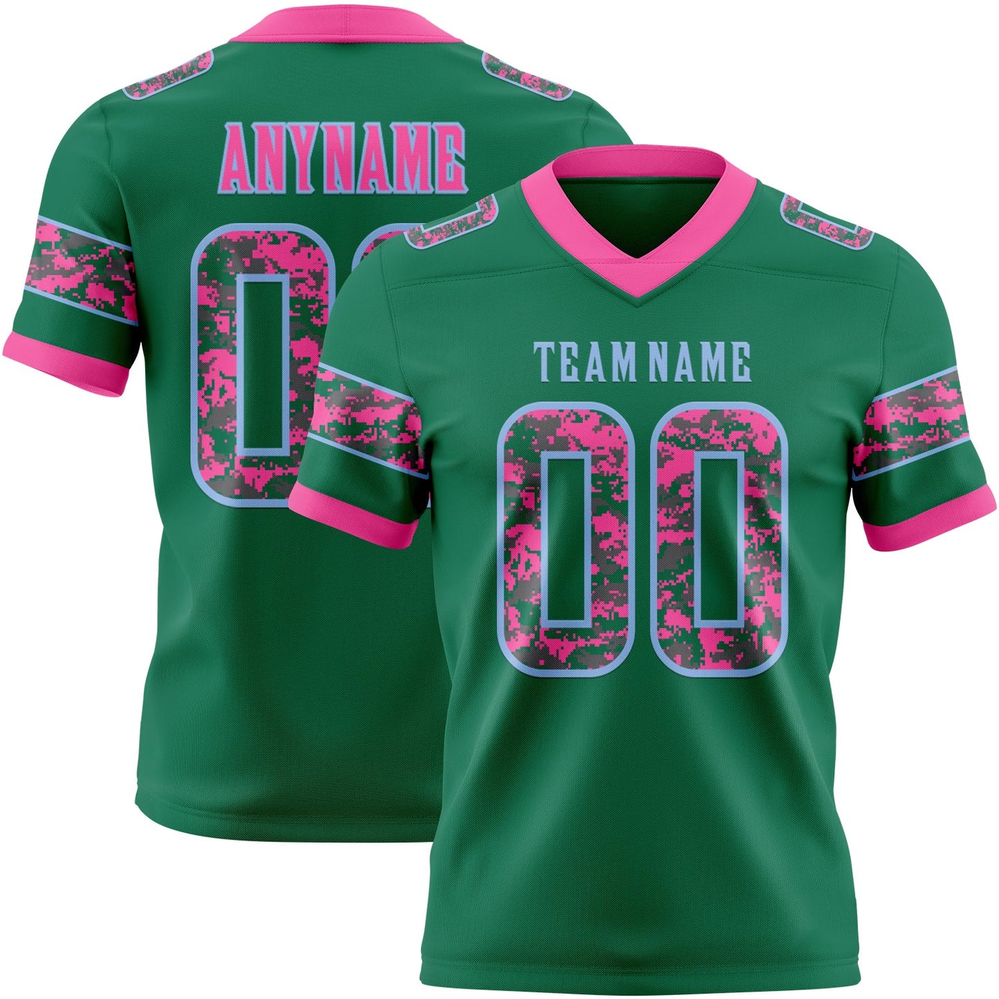 Custom Kelly Green Camo Light Blue-Pink Authentic Digital Camouflage Panel Football Jersey - Main View
