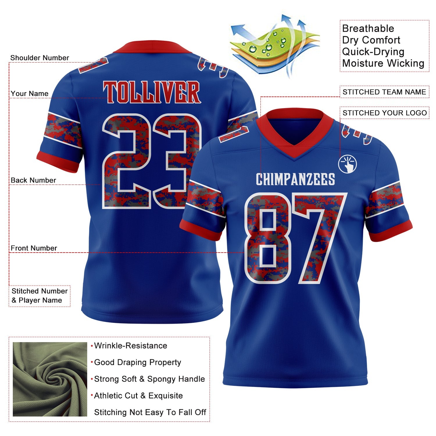 Custom Royal Camo White-Red Authentic Digital Camouflage Panel Football Jersey view 3