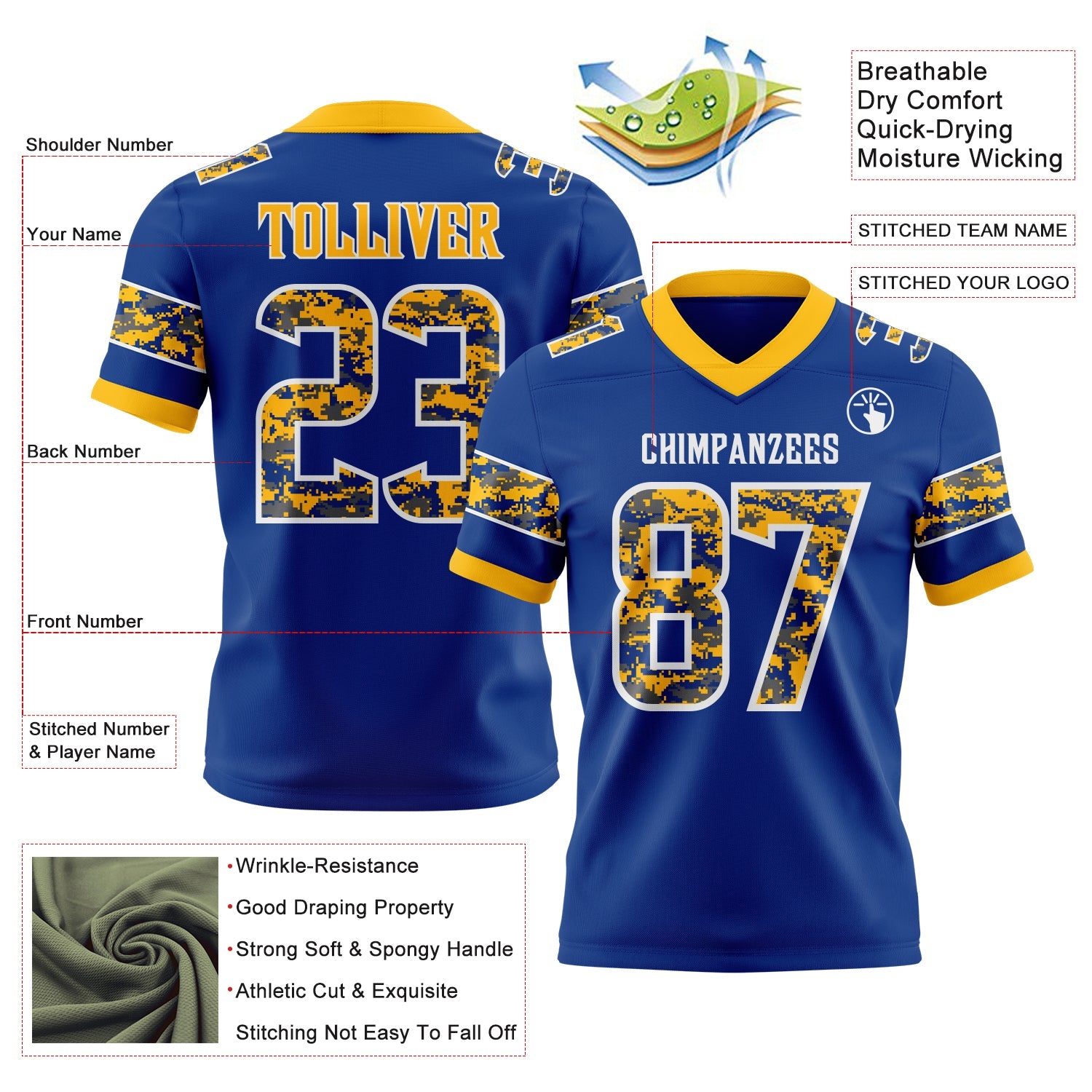 Custom Royal Camo White-Gold Authentic Digital Camouflage Panel Football Jersey view 3