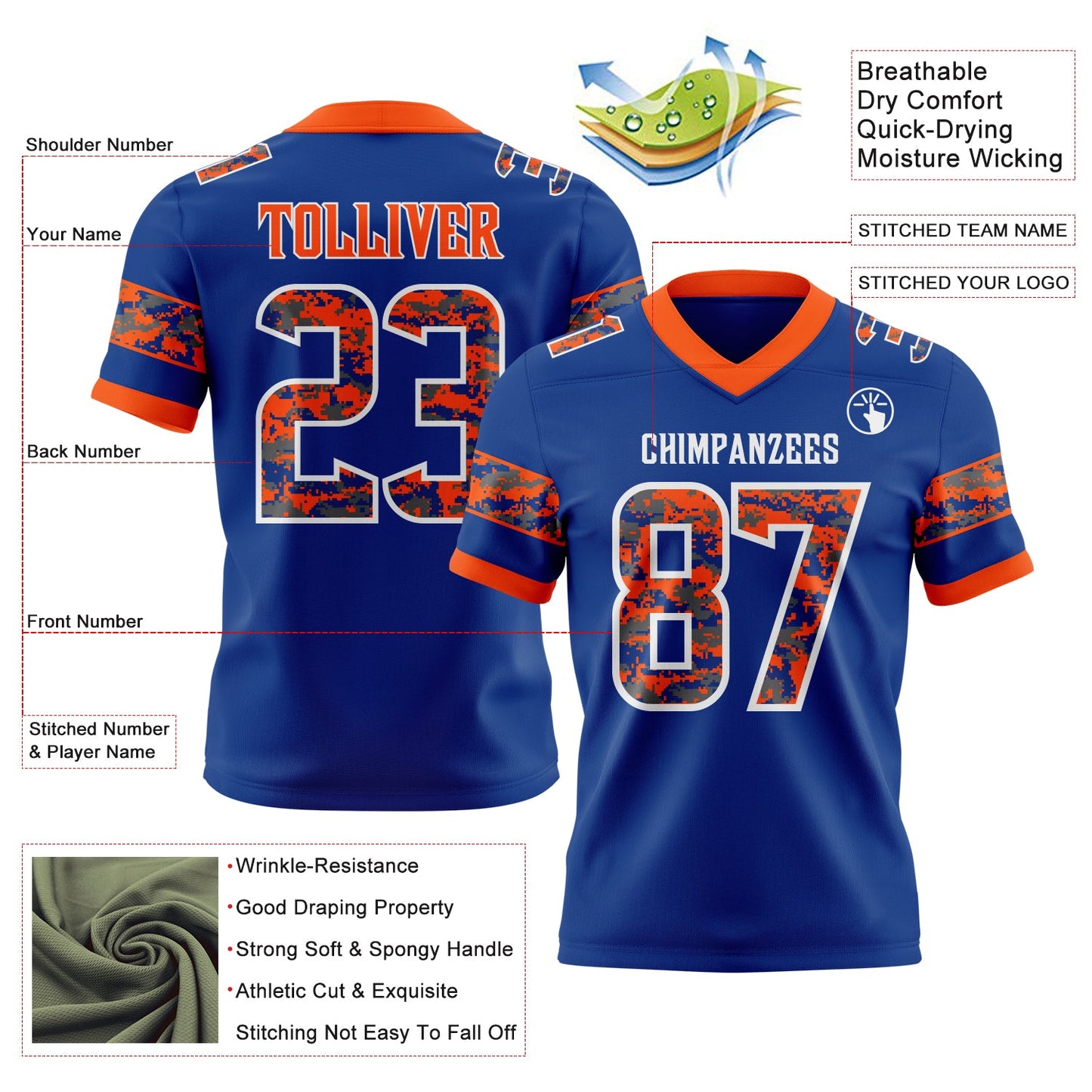 Custom Royal Camo White-Orange Authentic Digital Camouflage Panel Football Jersey view 3