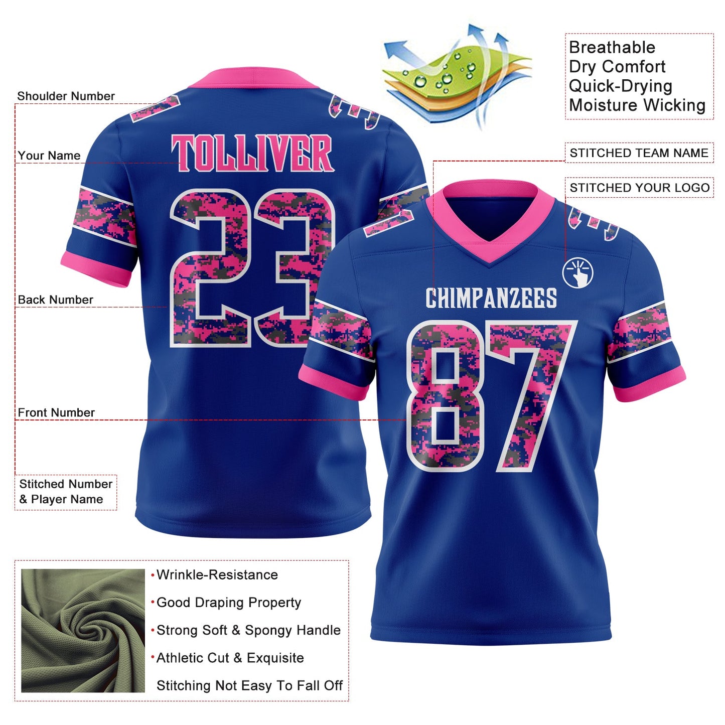 Custom Royal Camo White-Pink Authentic Digital Camouflage Panel Football Jersey view 3
