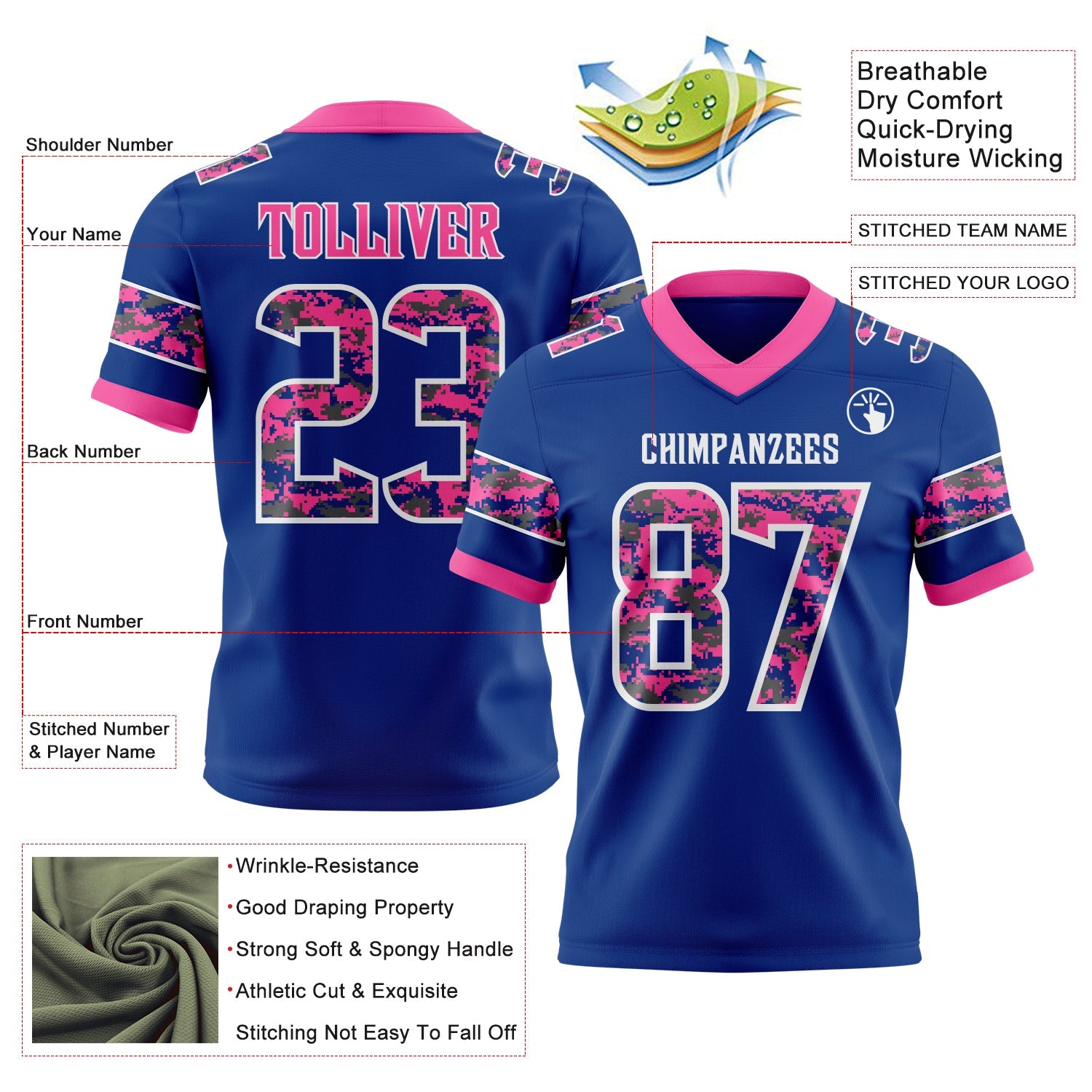 Custom Royal Camo White-Pink Authentic Digital Camouflage Panel Football Jersey view 3